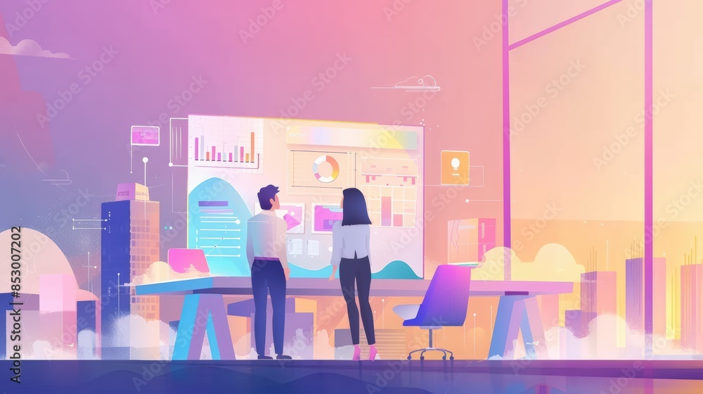 Illustration of two professionals discussing data analytics in a modern office with a city view. Illustration of two professionals discussing data analytics in a modern office with a city view.