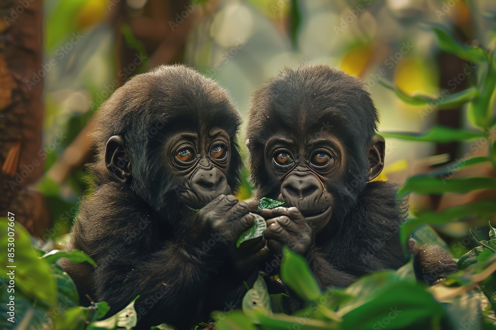 Two adorable baby gorillas sitting close together in a lush green forest, sharing a playful moment surrounded by leaves. Two adorable baby gorillas sitting close together in a lush green forest, sharing a playful moment surrounded by leaves.