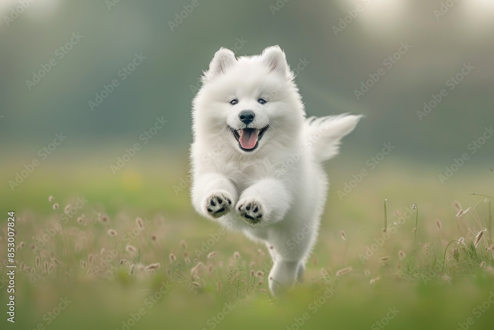 Playful samoyed puppy running in meadow, exuding energetic joy and showcasing its natural beauty Playful samoyed puppy running in meadow, exuding energetic joy and showcasing its natural beauty
