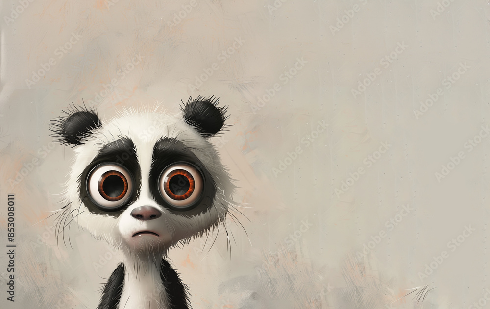 Fototapeta premium petit panda triste avec de grands yeux expressifs, fond gris neutre, capturant l'émotion et la douceur de cet adorable animal copyspace, espace négatif