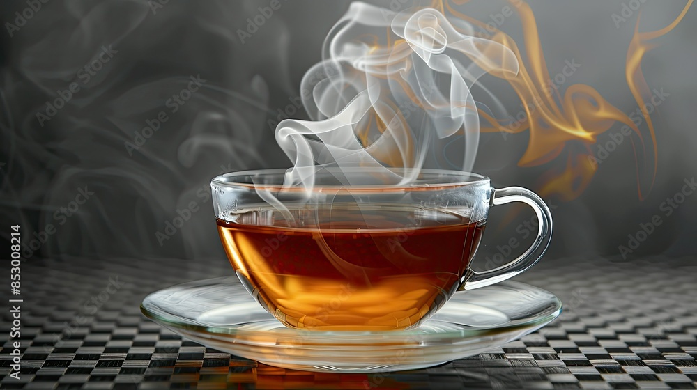 Photograph of a steaming cup of black tea, its robust flavor and dark color, captured Photograph of a steaming cup of black tea, its robust flavor and dark color, captured