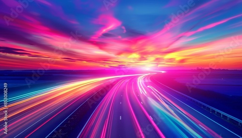 Mesmerizing rainbow neon light trails on empty highway at sunrise, forming abstract backdrop