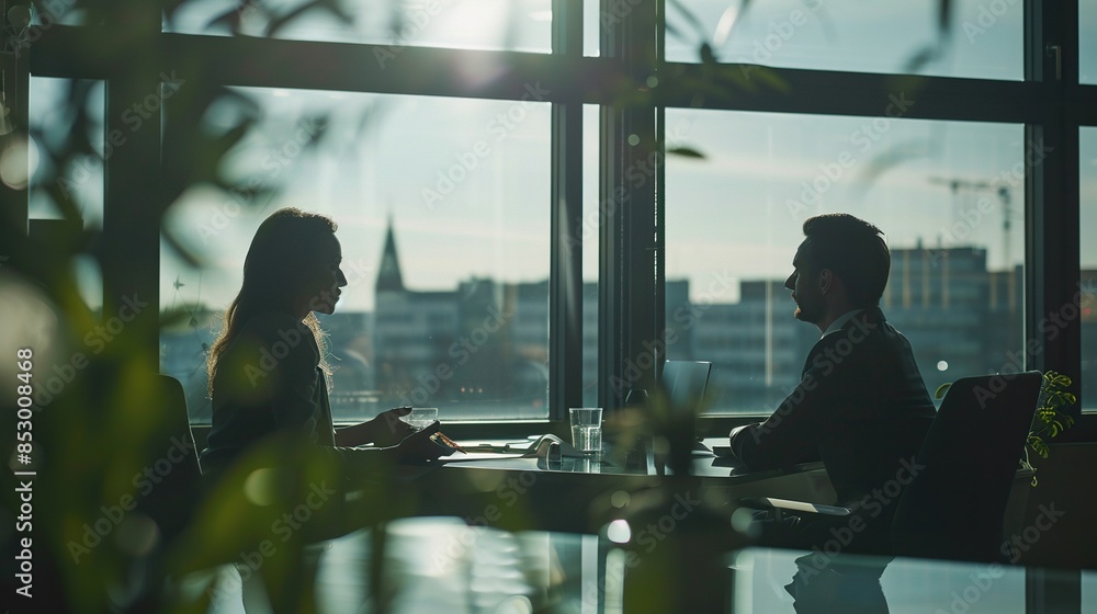 Business Meeting/Interview in Modern Office with Cityscape
Businessman and businesswoman engaged in discussion across a table in a modern office setting with large windows and cityscape views Business Meeting/Interview in Modern Office with Cityscape
Businessman and businesswoman engaged in discussion across a table in a modern office setting with large windows and cityscape views