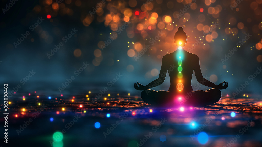 Person meditating with colored lights highlighting different chakras, ethereal and balanced, top third copy space Person meditating with colored lights highlighting different chakras, ethereal and balanced, top third copy space
