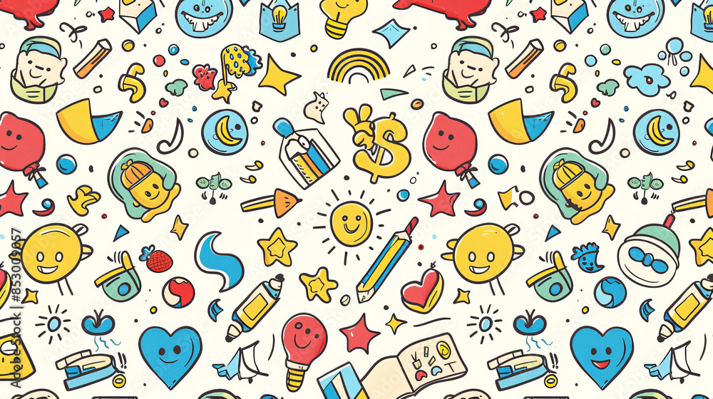 A colorful pattern of cartoon faces and objects with a smiling sun in the middle A colorful pattern of cartoon faces and objects with a smiling sun in the middle