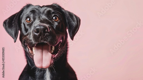 Happy black Labrador retriever dog with tongue out against pink background