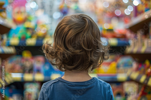 Back view of young boy child in toy store