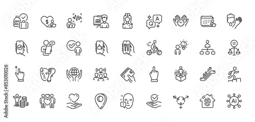 Face attention, Hospital nurse and Group people line icons pack. AI, Question and Answer, Map pin icons. Fingerprint access, Leader run, Augmented reality web icon. Vector