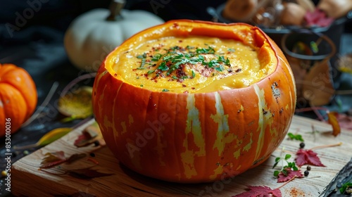 Close-Up of Creamy Pumpkin Soup Served in a Pumpkin Shell with Fresh Herbs and Spices