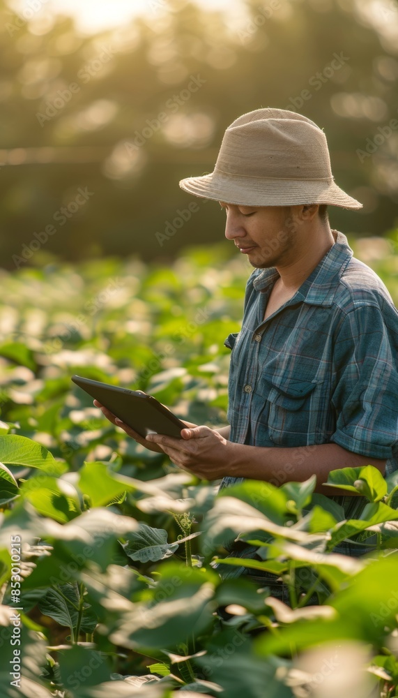 Male farmer with tablet on soybean farm showcasing technology for modern agricultural practices Male farmer with tablet on soybean farm showcasing technology for modern agricultural practices