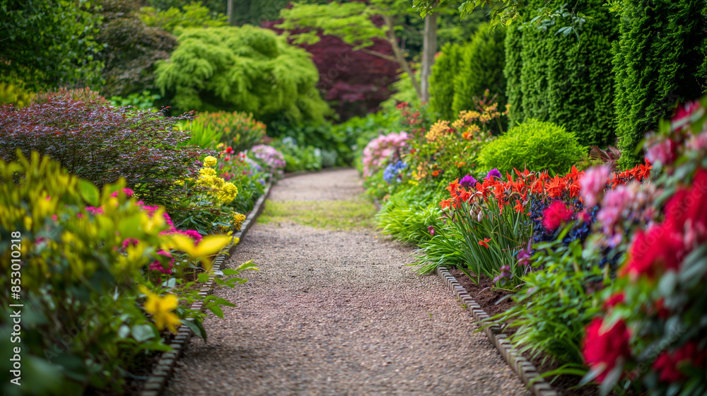 Pathway through a garden filled with aromatic and colorful plants, inviting and tranquil, right third copy space Pathway through a garden filled with aromatic and colorful plants, inviting and tranquil, right third copy space