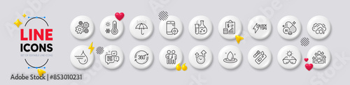 Qr code, Quickstart guide and Weather thermometer line icons. White buttons 3d icons. Pack of Seo phone, Cogwheel, Hydroelectricity icon. Co2, Fuel energy, Yoga pictogram. Vector