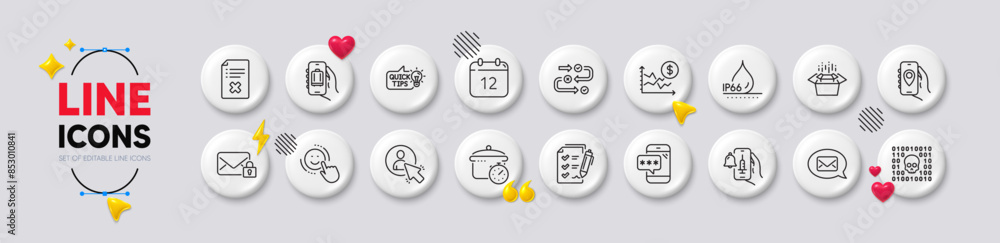 Baggage app, Annual calendar and User line icons. White buttons 3d icons. Pack of Survey progress, Messenger, Survey checklist icon. Packing boxes, Vaccine announcement, Reject file pictogram. Vector Baggage app, Annual calendar and User line icons. White buttons 3d icons. Pack of Survey progress, Messenger, Survey checklist icon. Packing boxes, Vaccine announcement, Reject file pictogram. Vector