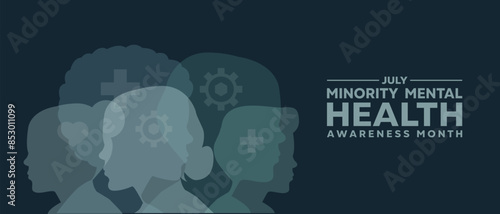 National Minority Mental Health Month. Human, plus, heart and gear icon. Great for cards, banners, posters, social media and more. Black background.