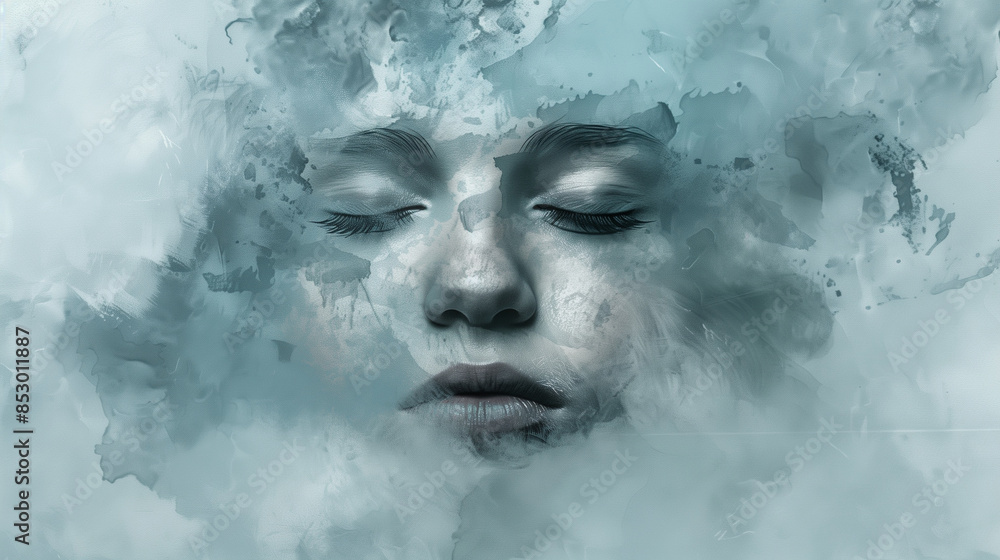 A girl's face with closed eyes, blending into a background of cloudy colors in soft grays and blues, with blurred brush strokes creating a misty effect. , illustration of a girl's A girl's face with closed eyes, blending into a background of cloudy colors in soft grays and blues, with blurred brush strokes creating a misty effect. , illustration of a girl's