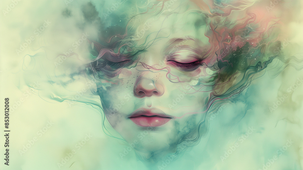 An ethereal girl's face with wisps of cloud-like hair in pastel greens and pinks, with soft, sweeping brush strokes and blurry accents. , illustration of a girl's face in cloudy co An ethereal girl's face with wisps of cloud-like hair in pastel greens and pinks, with soft, sweeping brush strokes and blurry accents. , illustration of a girl's face in cloudy co