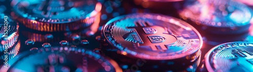 Close-up of glowing cryptocurrency coins, front view, digital wealth, futuristic tone 