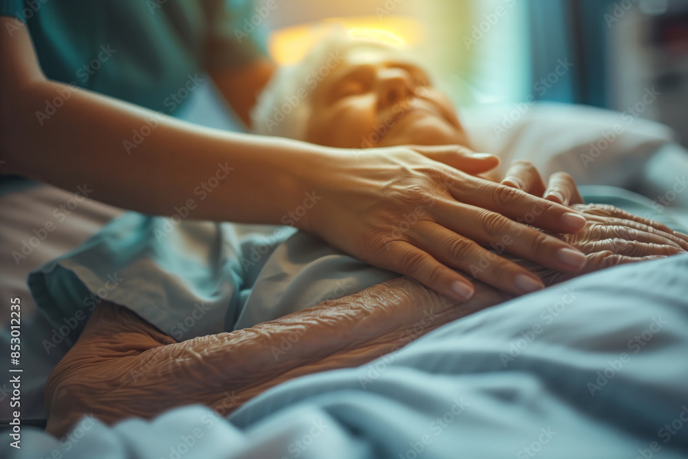 Fototapeta premium A nurse's hand gently caresses an elderly woman lying in bed, creating a warm and caring atmosphere with soft lighting