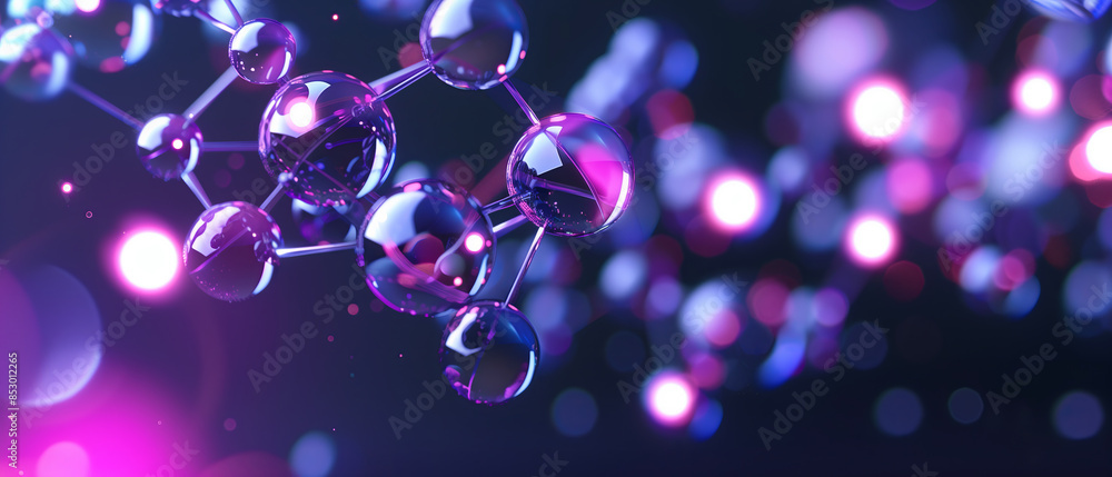 glass molecules floating in the air, each glowing with neon pink and purple lights against an indigo background glass molecules floating in the air, each glowing with neon pink and purple lights against an indigo background