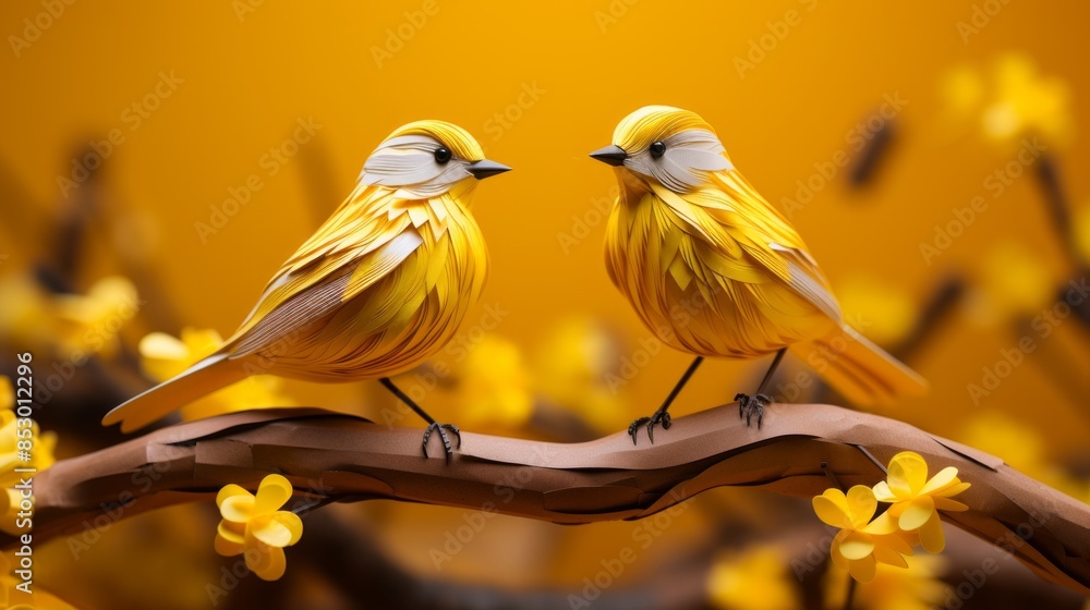 Obraz premium Origami paper birds on a branch with yellow background, perfect for art, decor, and creative design projects.