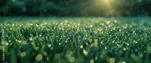 A Football Field With Green Grass, Where The Morning Dew Glistens Like Tiny Diamonds, Adding A Magical Touch To The Pristine Field