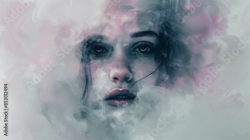 A girl's face emerging from a misty, cloudy background of soft pinks and grays, with paint strokes that blur and blend around her features. , illustration of a girl's face in cloud