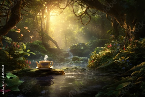 Serene forest scene with a steaming coffee cup placed on a stone in a mystical woodland setting during sunrise.