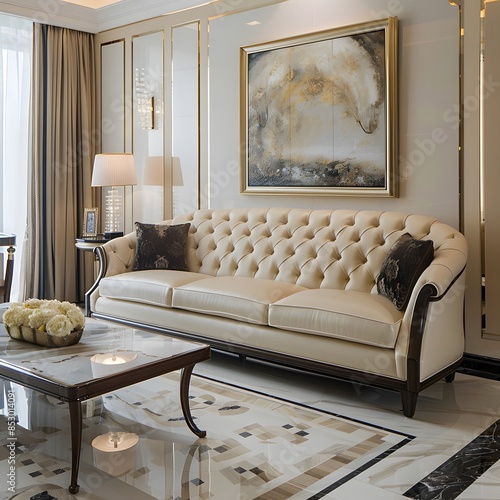 Modern living room interior with fireplace and comfortable furniture in a contemporary setting