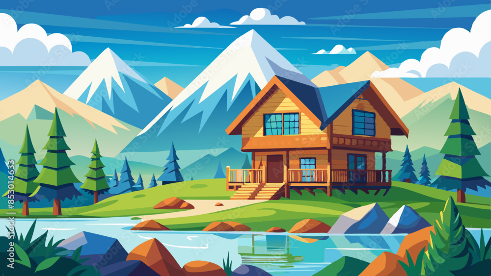In summer, a wooden house with a snowy mountain backdrop and a river in front In summer, a wooden house with a snowy mountain backdrop and a river in front