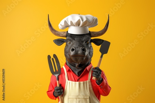 A cartoon cow chef holding a knife and apron photo