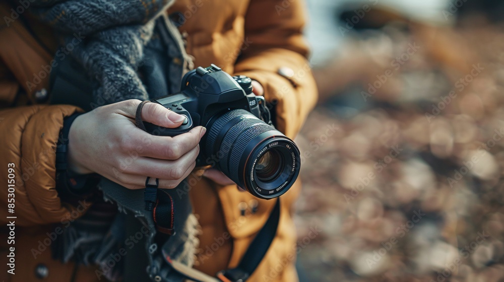 A person holding a DSLR camera and adjusting its settings, outdoors in autumn, with a blurred background of fallen leaves. A person holding a DSLR camera and adjusting its settings, outdoors in autumn, with a blurred background of fallen leaves.