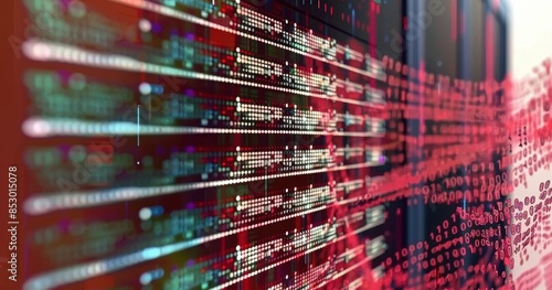 Closeup of a powerful server rack in a data center with abstract digital code overlay, depicting advanced technology and internet infrastructure. photo