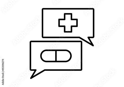 Icono negro de bocadillo con una cruz sanitaria y otro bocadillo de hablar con pastilla representando asistencia sanitaria