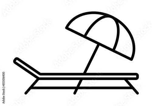 Icono negro de tumbona y sombrilla de playa