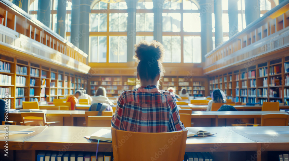 College student studying in a large, sunlit library College student studying in a large, sunlit library