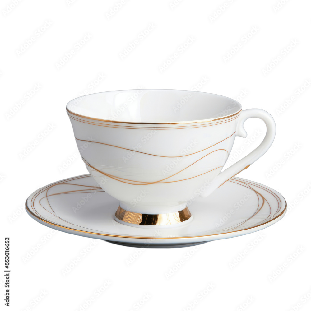 White porcelain tea cup with a golden line decoration and a saucer Isolated on transparent background PNG White porcelain tea cup with a golden line decoration and a saucer Isolated on transparent background PNG