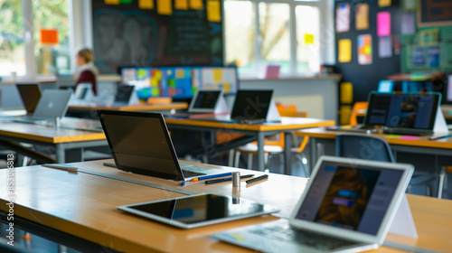 Wallpaper Mural Teachers preparing technology stations with laptops in modern classroom Torontodigital.ca