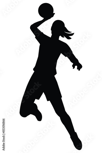 Black silhouette of a women's volleyball girl player who jump and throw the ball with one hand