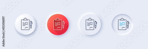 Clipboard document line icon. Neumorphic, Red gradient, 3d pin buttons. Agreement file sign. Sign contract symbol. Line icons. Neumorphic buttons with outline signs. Vector