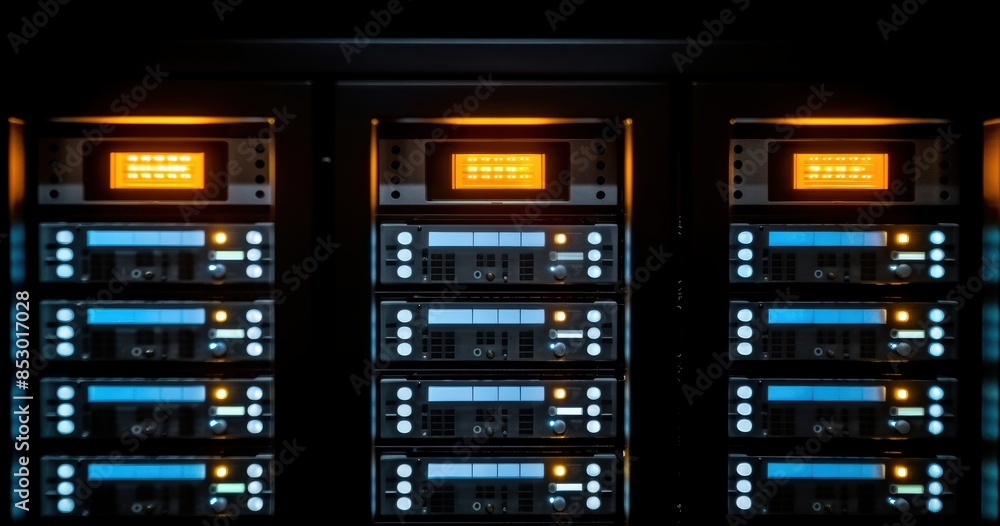 Modern data center server racks with illuminated lights showcasing advanced technology and high-performance computing hardware.