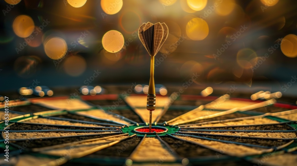 Close-up of a dart hitting the bullseye on a dartboard with bokeh background, symbolizing accuracy, precision, and success. Close-up of a dart hitting the bullseye on a dartboard with bokeh background, symbolizing accuracy, precision, and success.