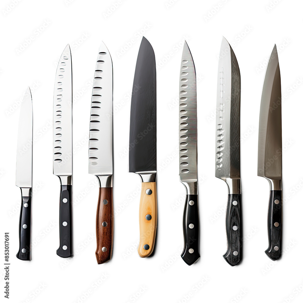Set of different knives perfectly ordered on white background | Isolated on Transparent & White Background | PNG File with Transparency Set of different knives perfectly ordered on white background | Isolated on Transparent & White Background | PNG File with Transparency