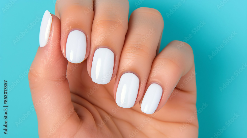 Manicure hand with white nails. Blue background Manicure hand with white nails. Blue background