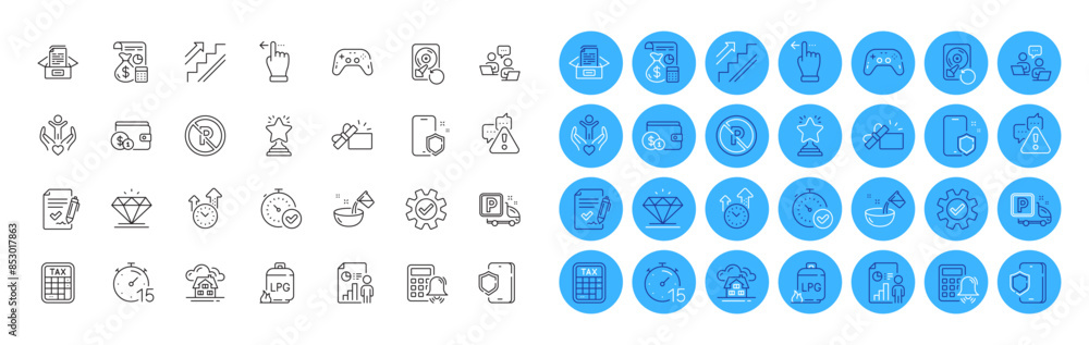 Opened gift, Service and Teamwork line icons pack. Fast verification , Tax calculator, Warning web icon. Diamond, Phone protect, Truck parking pictogram. Stairs, Timer, Building. Vector Opened gift, Service and Teamwork line icons pack. Fast verification , Tax calculator, Warning web icon. Diamond, Phone protect, Truck parking pictogram. Stairs, Timer, Building. Vector