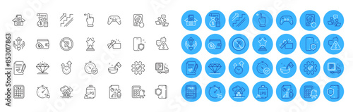 Opened gift, Service and Teamwork line icons pack. Fast verification , Tax calculator, Warning web icon. Diamond, Phone protect, Truck parking pictogram. Stairs, Timer, Building. Vector