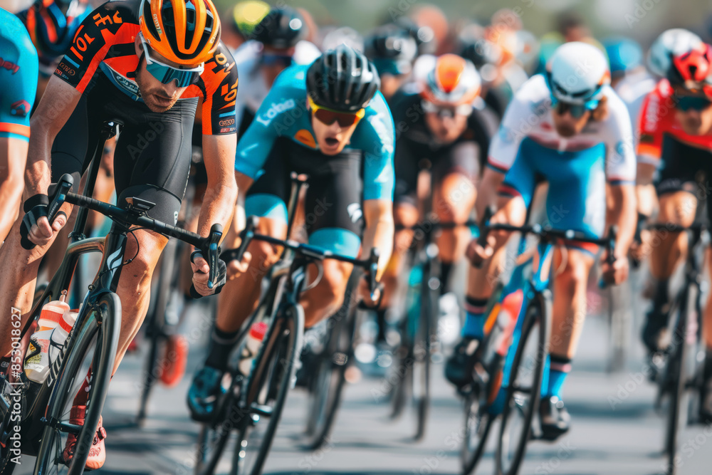 Fototapeta premium Cyclists race in tight pack during a professional road cycling event