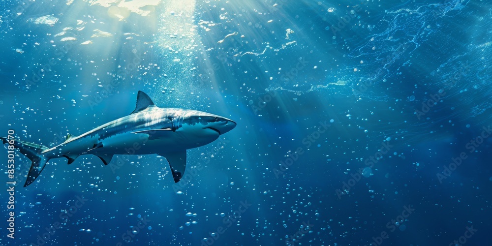 Fototapeta premium Great White Shark Swimming Underwater with Marine Life, Bubbles, and Sunlight in Deep Blue Sea, Ocean Wildlife Wide Banner Poster with Copy Space, Animal World, Marine Environment Conservation Concept