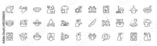 Dont touch, T-shirt and Water splash line icons. Pack of Plate, Washing machine, Hand sanitizer icon. Clean bubbles, Clean hands, Wash hand pictogram. Saucepan, Dryer machine, Dish plate. Vector