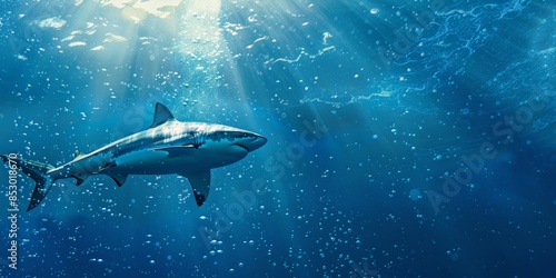 Wallpaper Mural Great White Shark Swimming Underwater with Marine Life, Bubbles, and Sunlight in Deep Blue Sea, Ocean Wildlife Wide Banner Poster with Copy Space, Animal World, Marine Environment Conservation Concept Torontodigital.ca