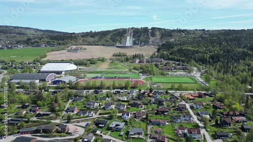 The sports facilities in Lillehammer, the Lysgårdsbakkene ski jumping facilities in the background, Håkons- and Kristinshall and Stampesletta